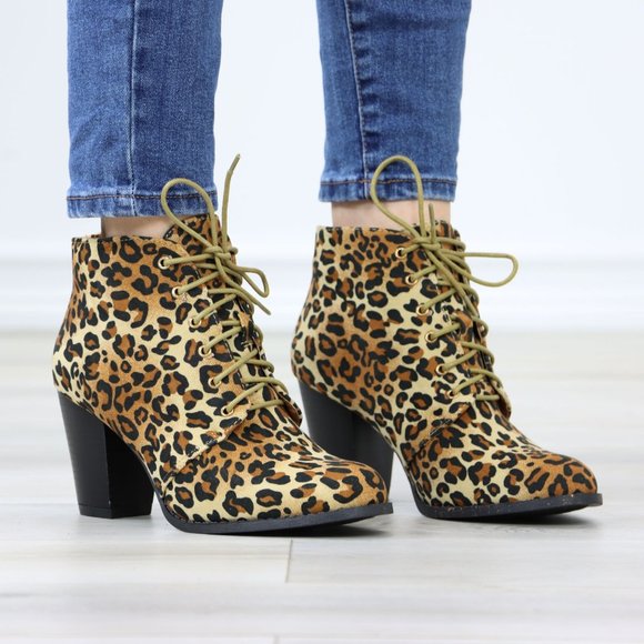 Leopard Lace-Up Block Cone High Heeled Ankle Boots Synthetic Suede Rounded Toe - Picture 2 of 10